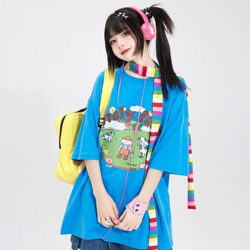 Farming Japan - تي شيرت فضفاض بتصميم Y2K للفتيات،